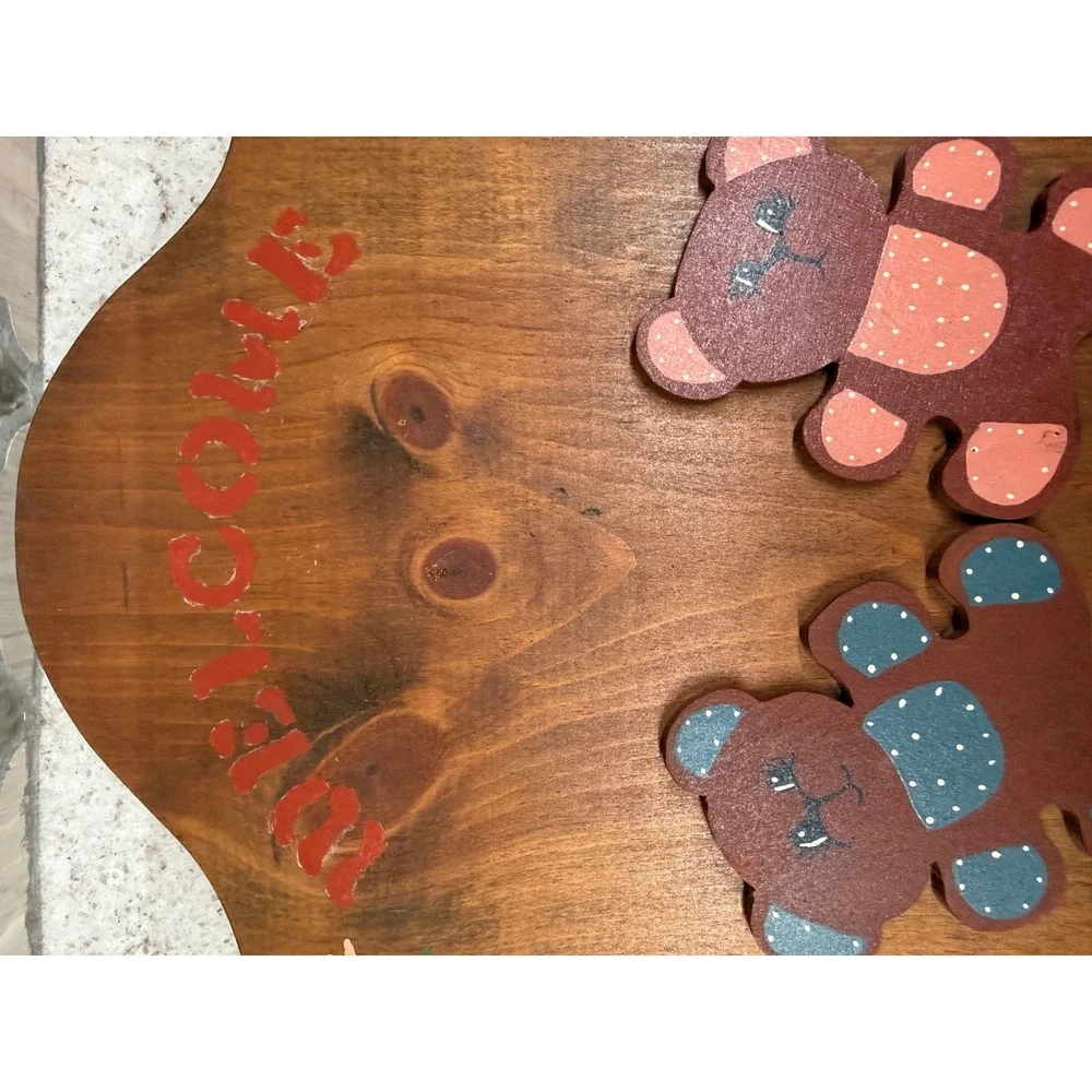 Vintage Handmade Wooden Welcome Friends Sign Teddy Bear Rustic Country Wall Deco